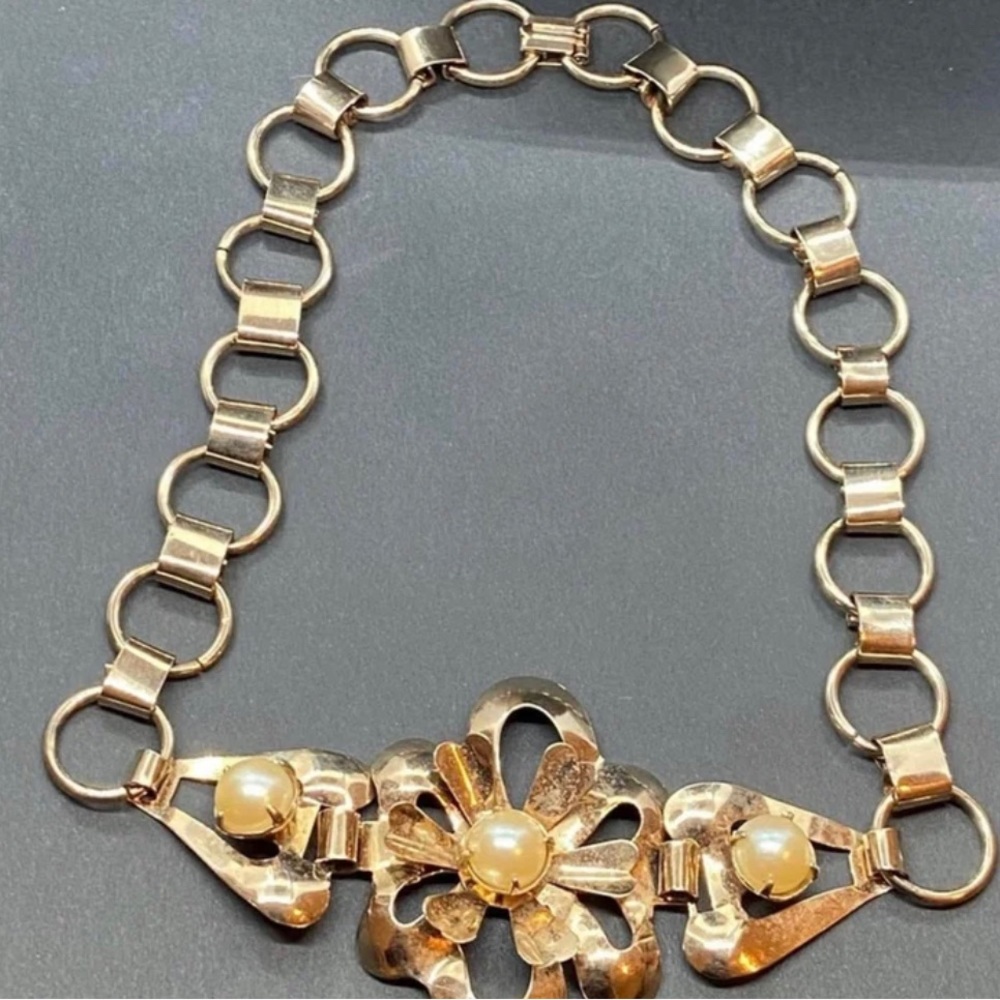 Rare Vintage 1940’s Rose Gold over Sterling  linked riveted Flower Wrap Bracelet